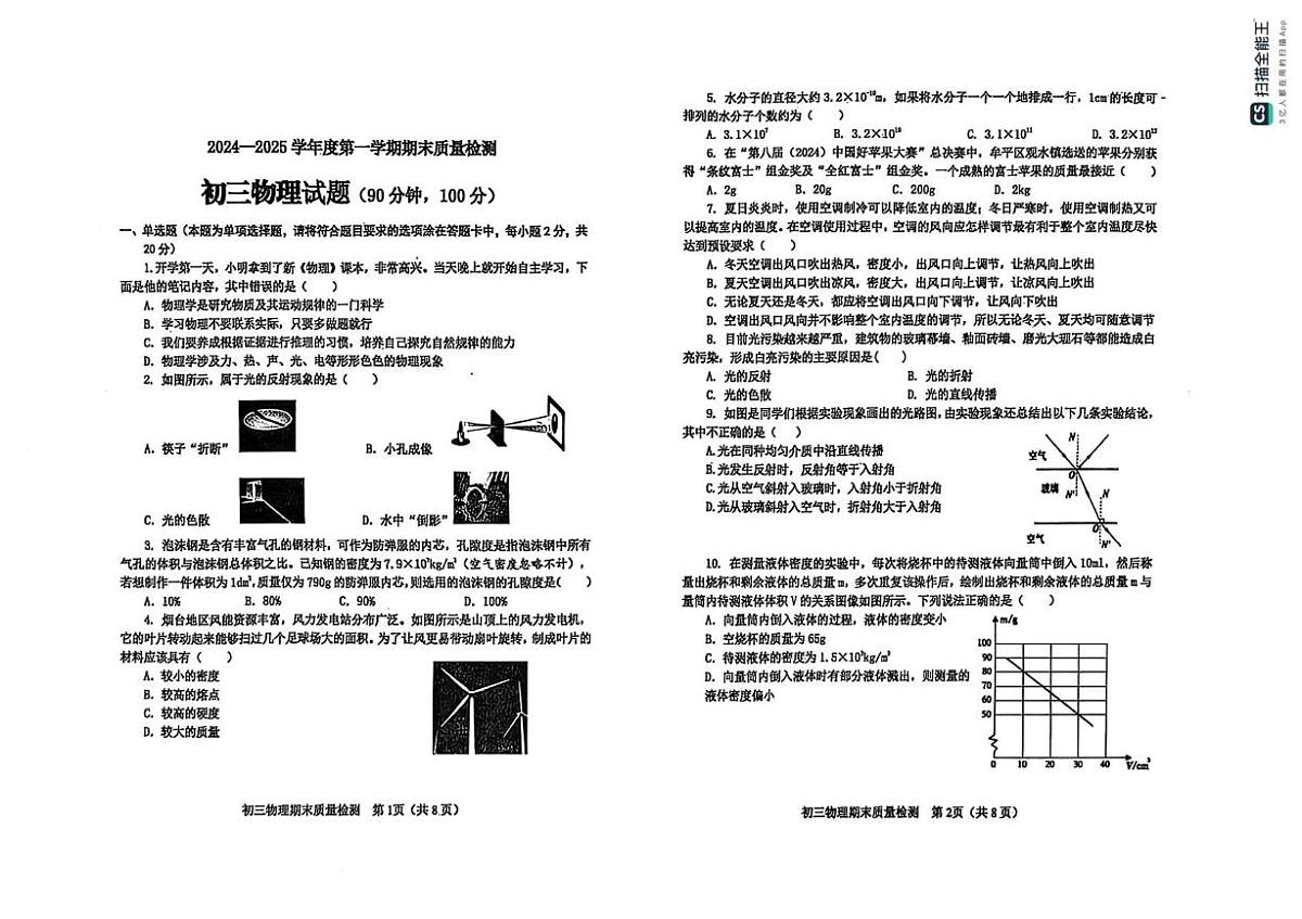 山东省烟台市牟平区（五四制）2024-2025学年八年级上学期期末考试物理试题第1页