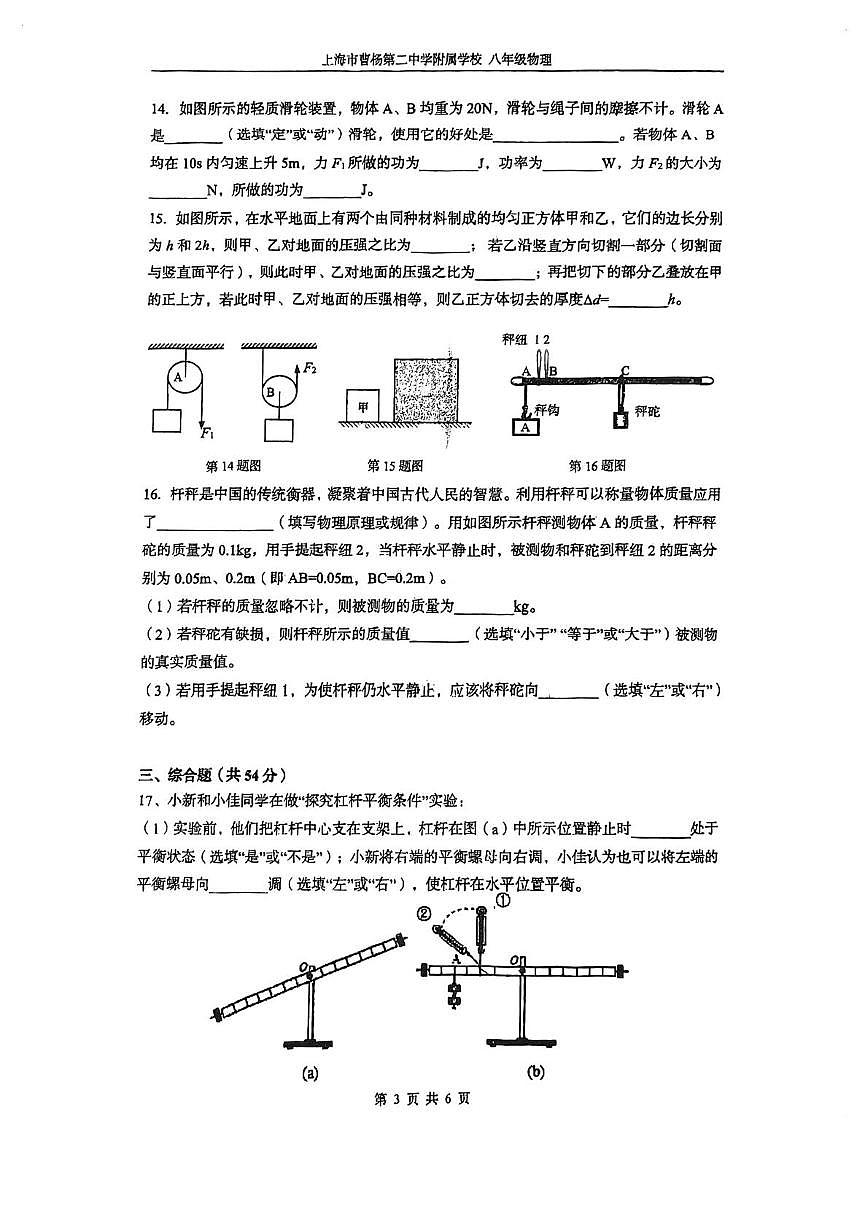 上海市曹杨二中附属江桥实验中学2024-2025学年八年级下学期5月月考物理试卷第3页