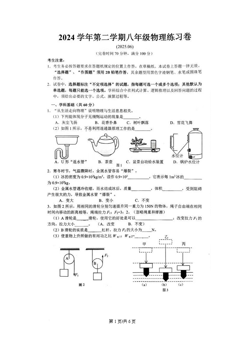 上海市奉贤区2024-2025学年八年级下学期物理期末统考试卷第1页