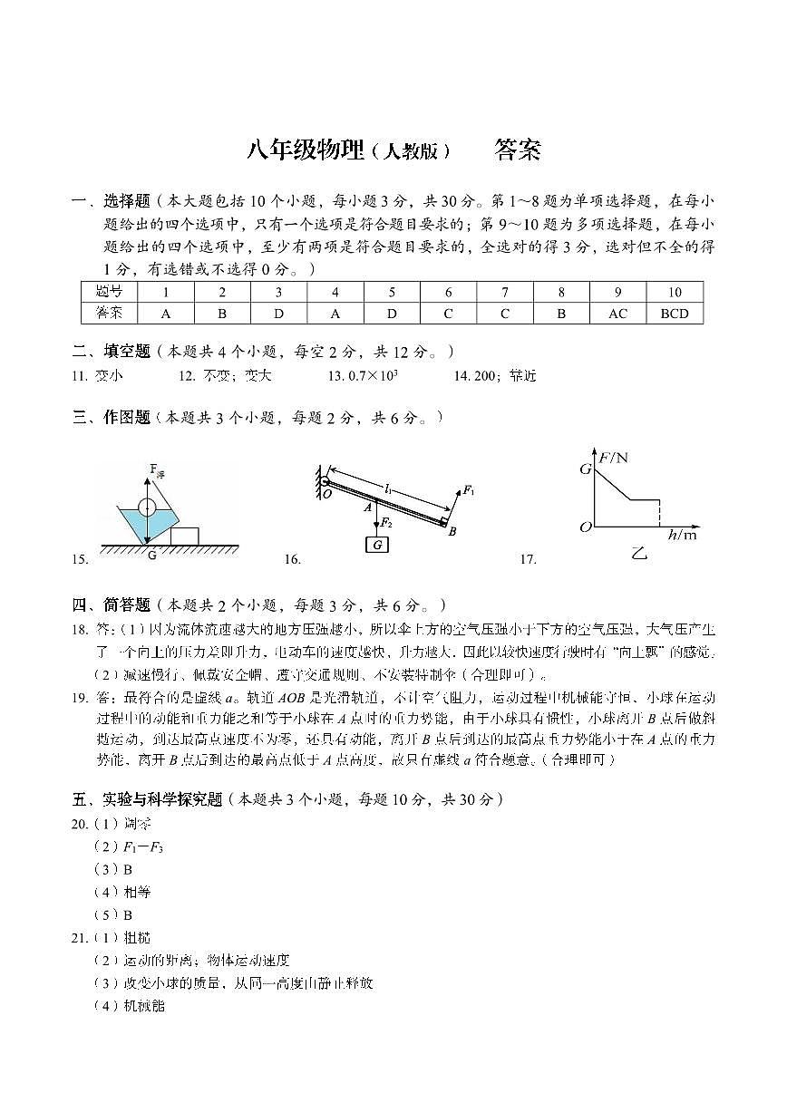 八年级物理（人教版）答案第1页