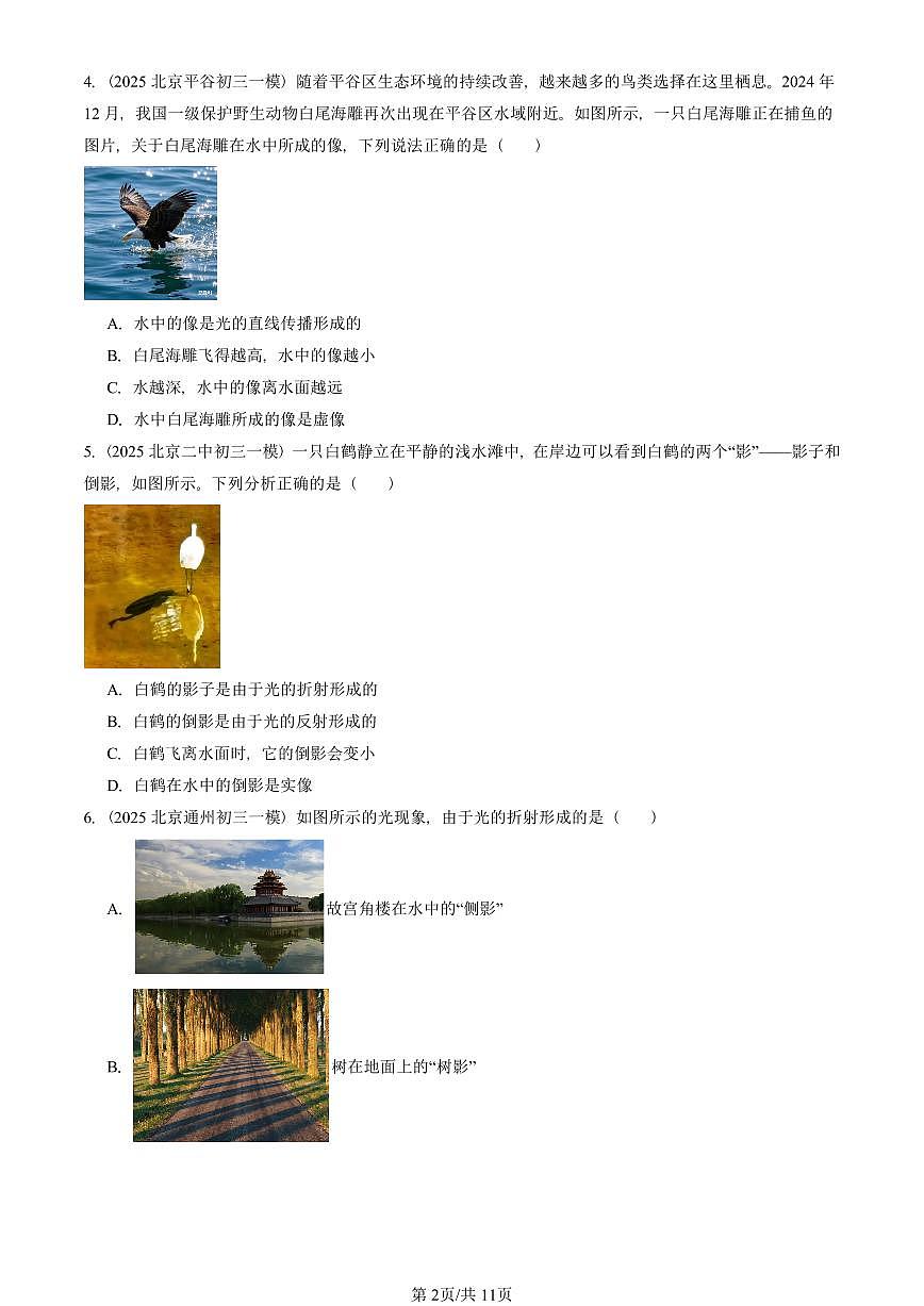 2025北京初三一模[中考模拟]物理汇编：光现象章节综合（北师大版）第2页