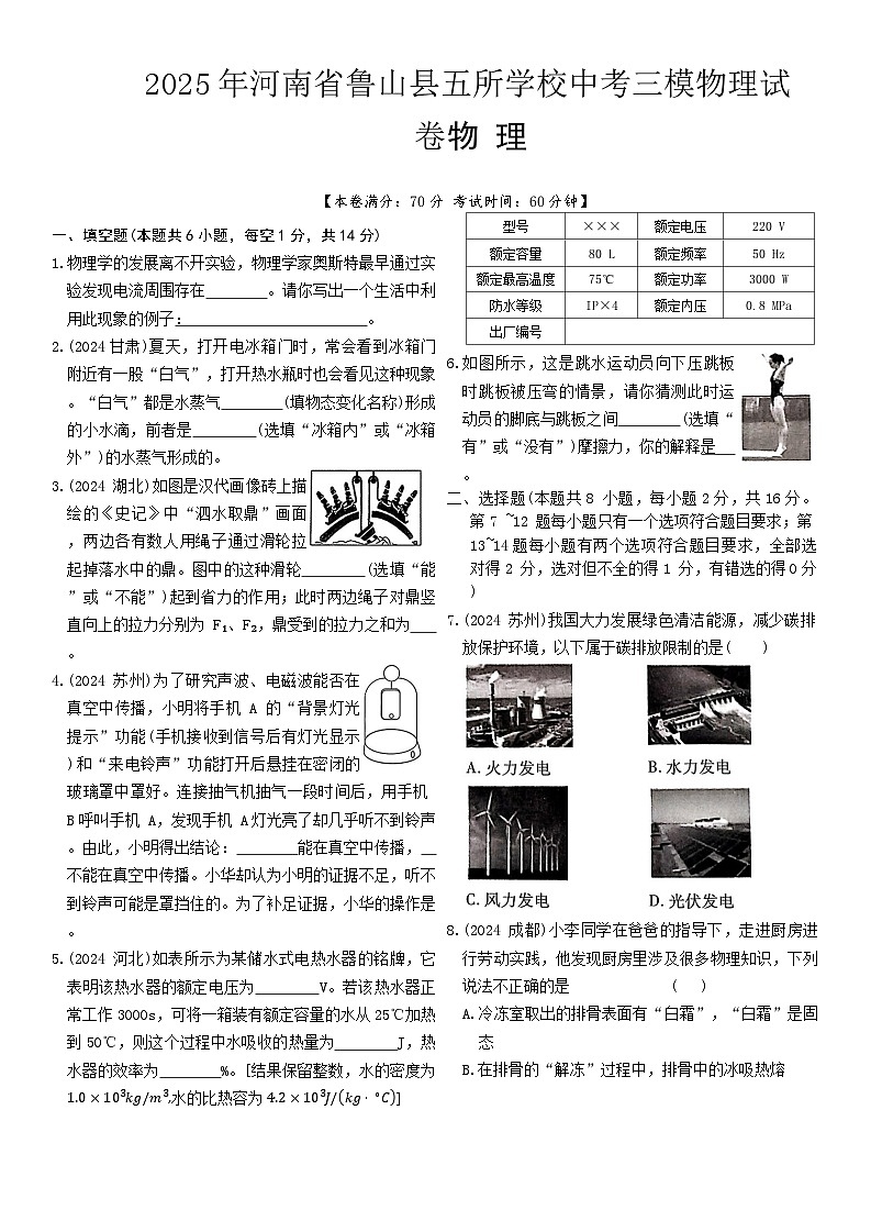 2025年河南省平顶山市鲁山县五所学校中考三模物理试题（中考模拟）第1页