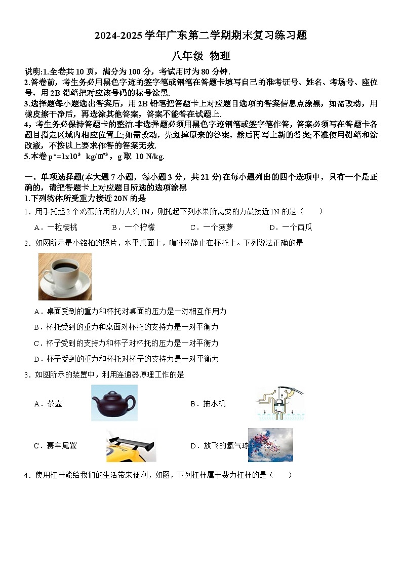 广东省2024-2025学年八年级下学期期末复习 物理练习题第1页