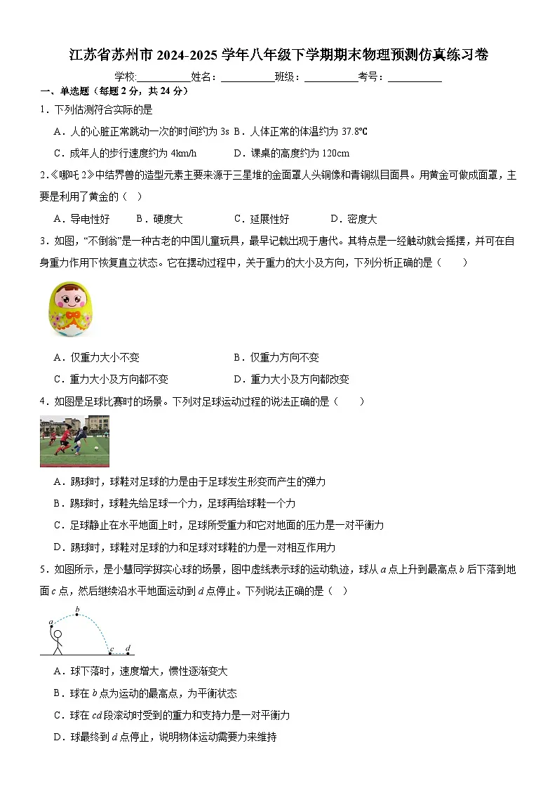 江苏省苏州市2024-2025学年八年级下学期期末 物理预测仿真练习卷第1页