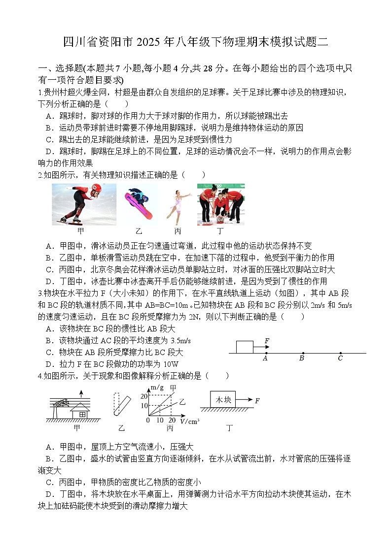 四川省资阳市2024-2025学年八年级下学期 物理期末模拟试题二第1页