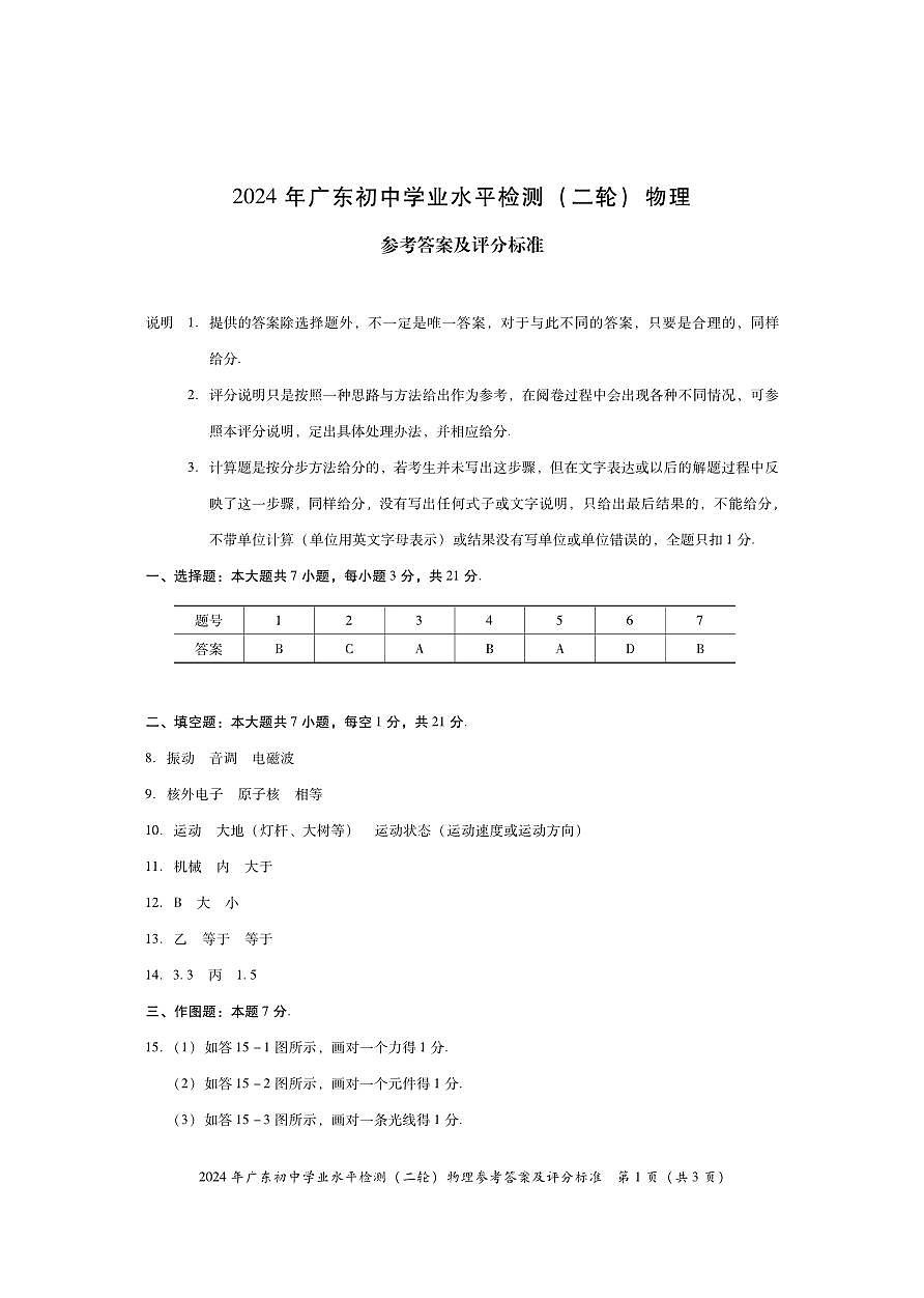 2024广东初中学业水平检测（二轮）物理——答案第1页