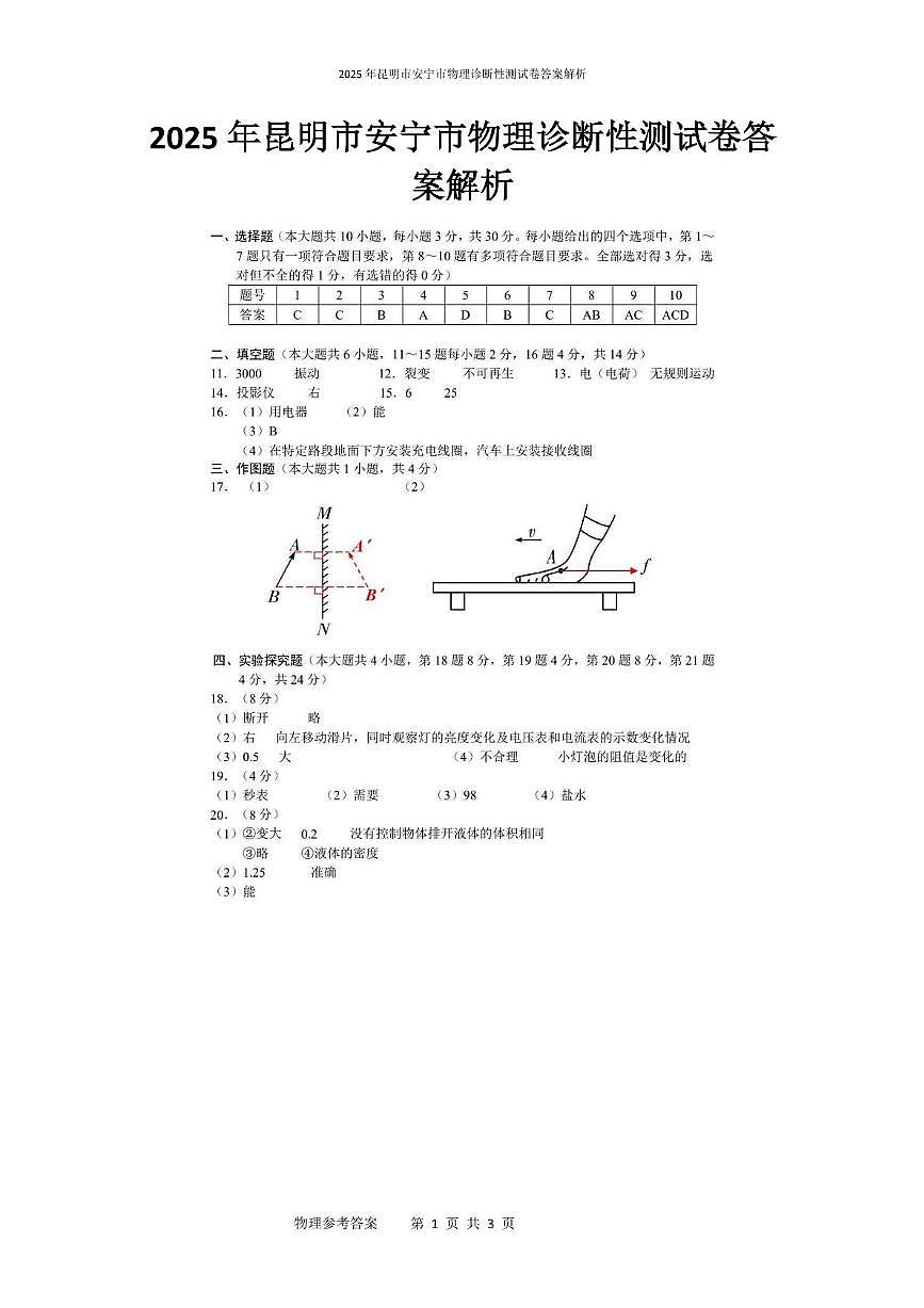 2025年昆明市安宁市物理诊断性测试卷 2025年昆明市安宁市物理诊断性测试卷答案解析第1页