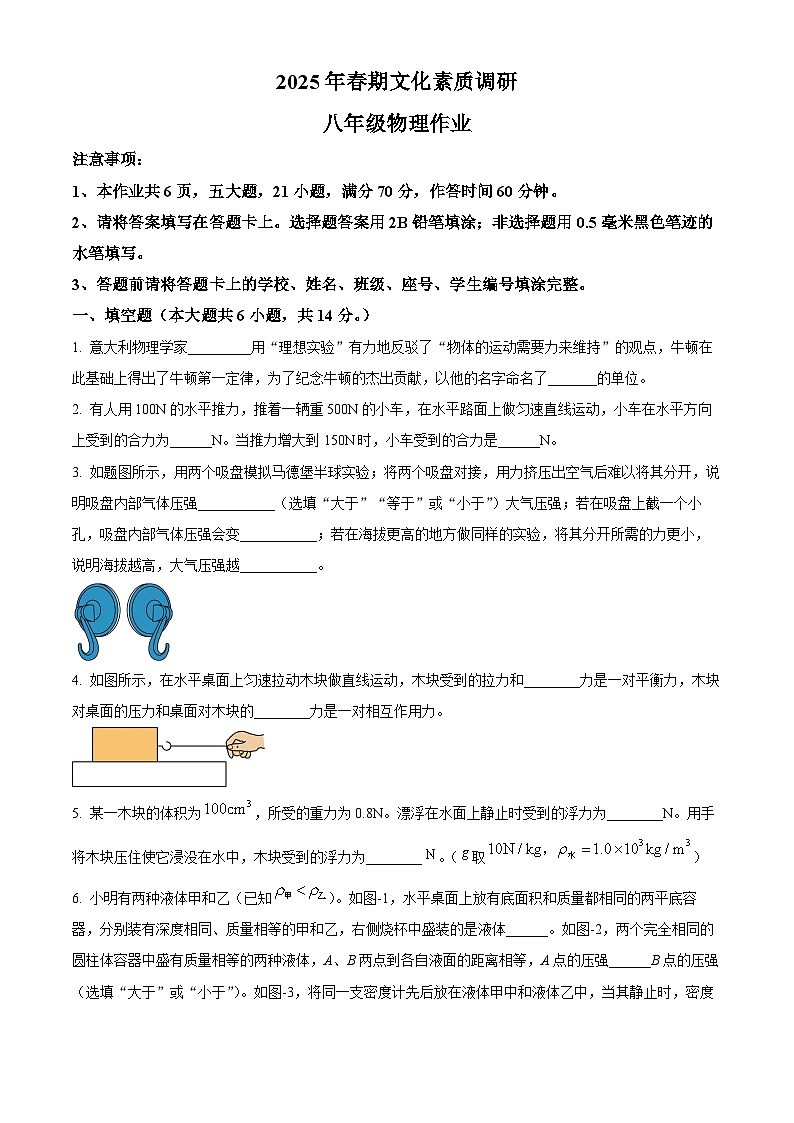 河南省南阳市西峡县2024-2025学年八年级下学期期中考试物理试题第1页
