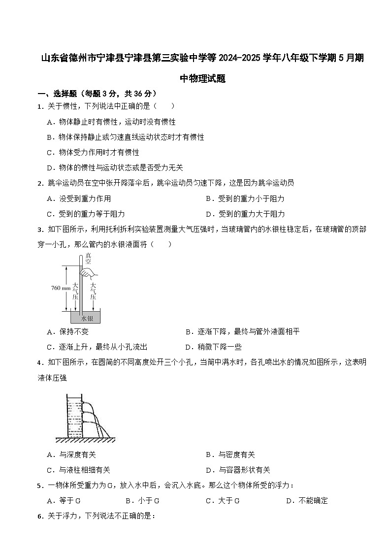 山东省德州市宁津县宁津县第三实验中学等2024-2025学年八年级下学期5月期中物理试题第1页