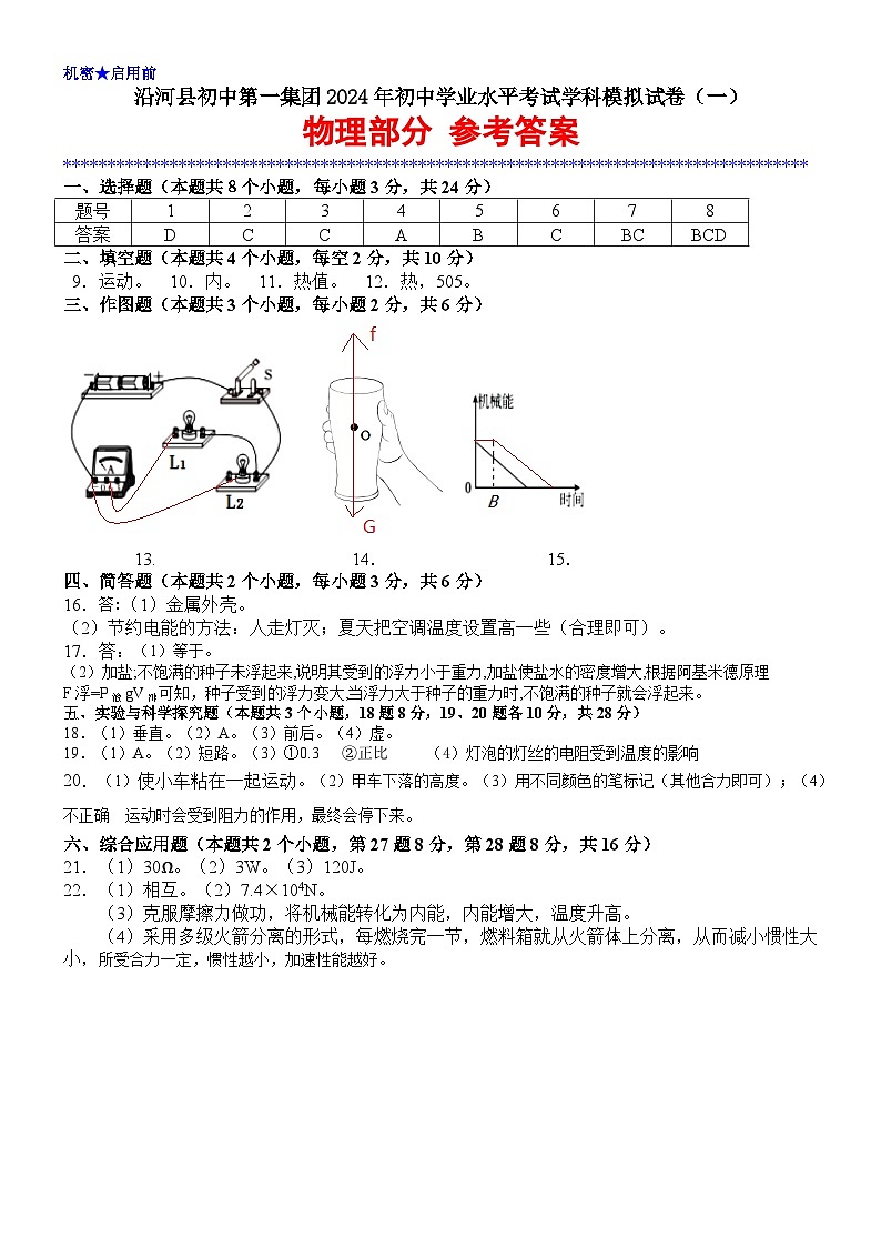 2024年中考模拟（一）（物理参考答案）（A4）第1页