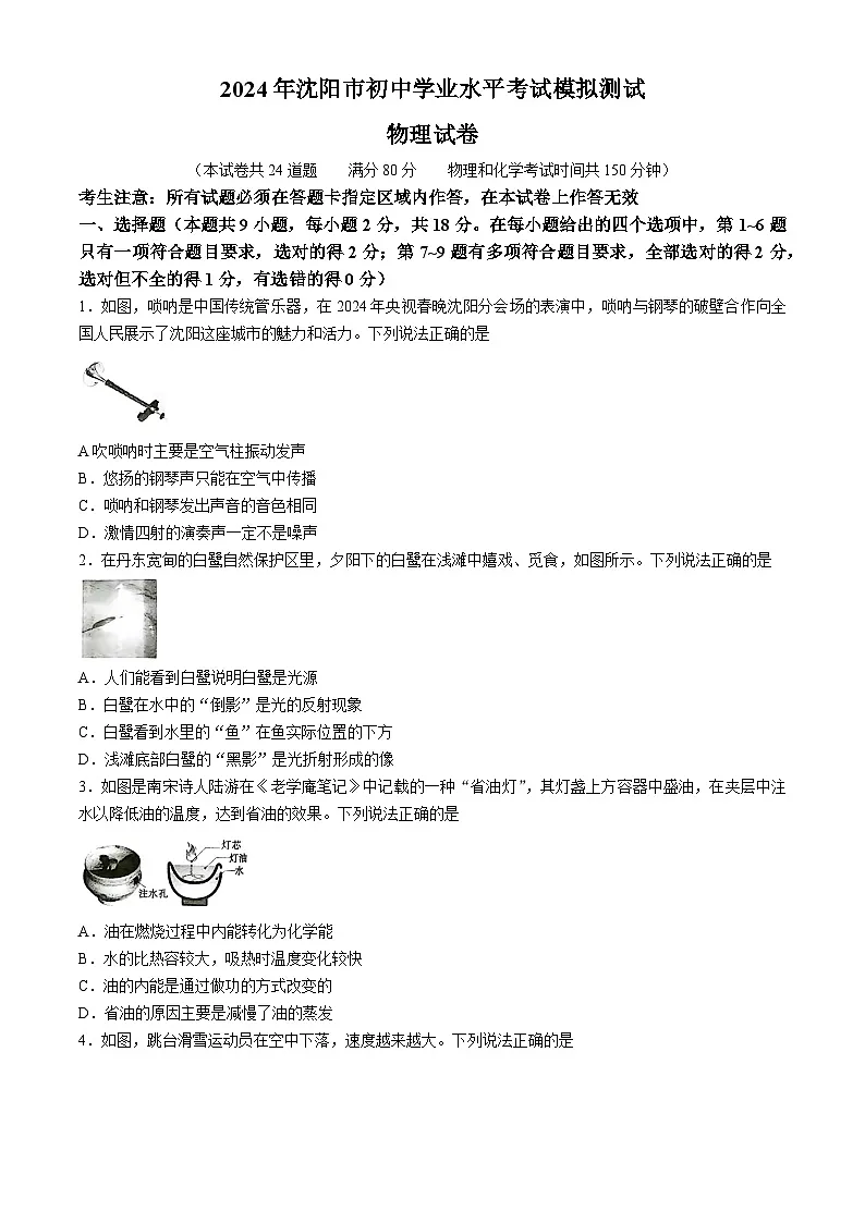 2024年辽宁省沈阳市中考二模考试物理化学试题第1页