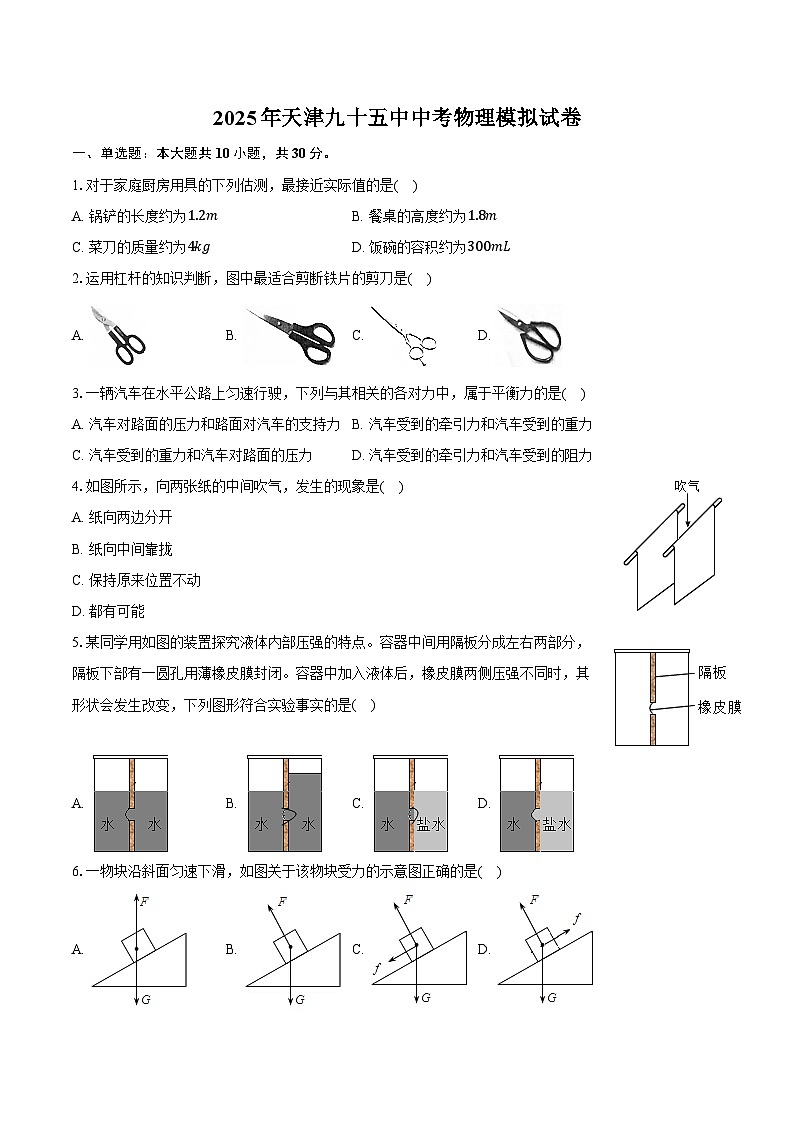 2025年天津九十五中中考物理模拟试卷第1页