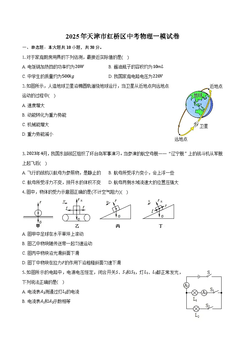 2025年天津市红桥区中考物理一模试卷第1页