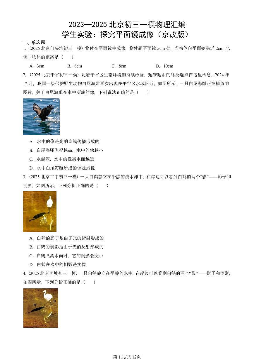 2023—2025北京初三一模[中考模拟]物理汇编：学生实验：探究平面镜成像（京改版）第1页