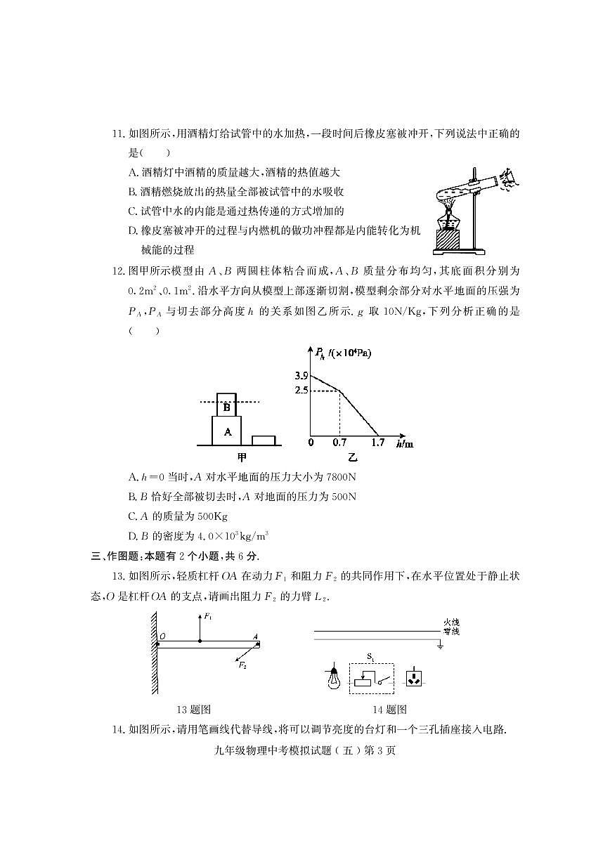 2024年山东省诸城市九年级物理中考模拟试题五第3页
