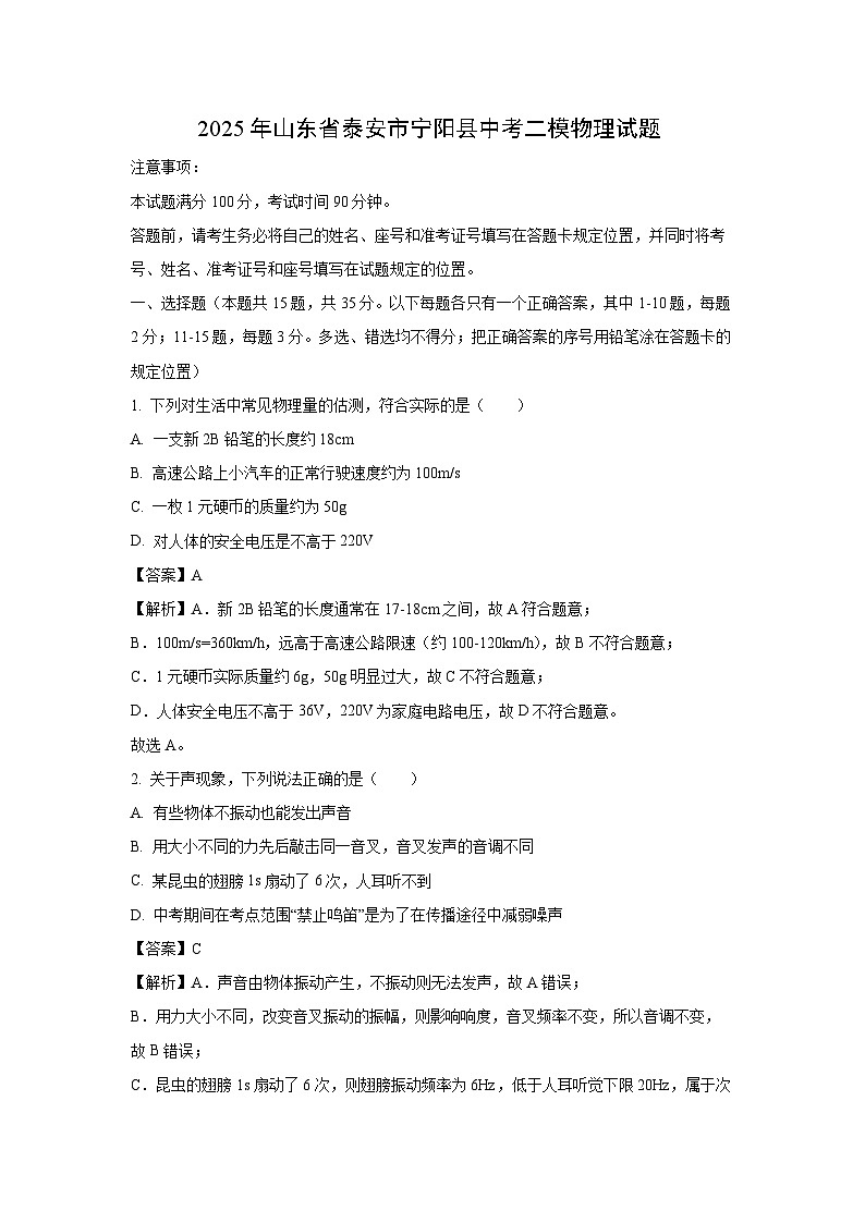 2025年山东省泰安市宁阳县中考二模物理试卷（解析版）第1页