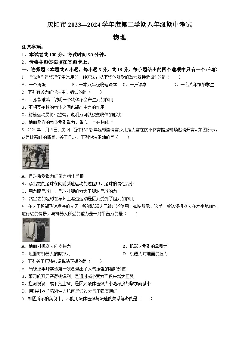 甘肃省庆阳市2023-2024学年八年级下学期5月期中物理试题第1页