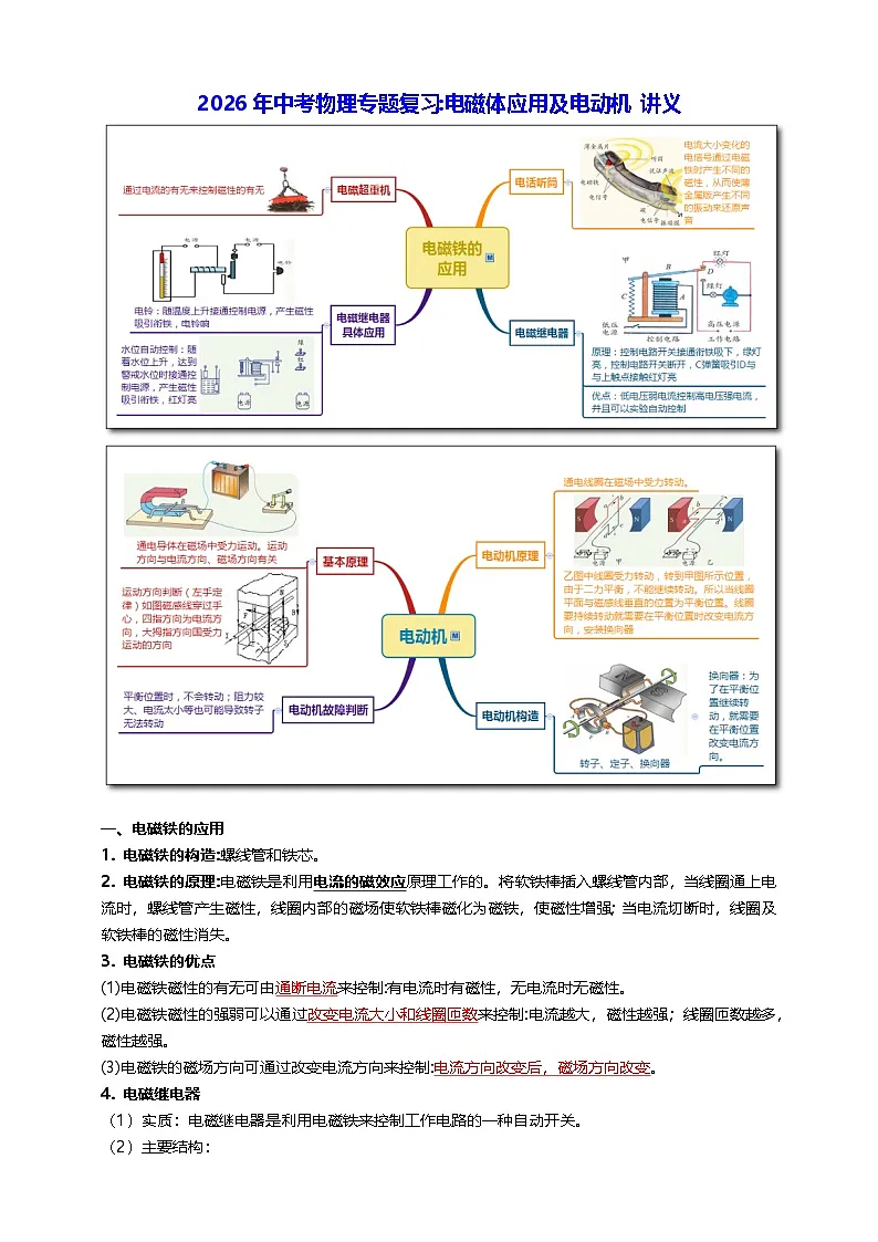 2026年中考物理专题复习电磁体应用及电动机 讲义（含练习题及答案）第1页