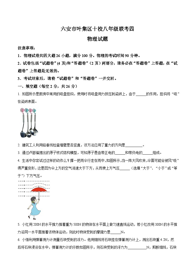 六安市叶集区十校2023-2024学年八年级下学期期末联考物理试题第1页