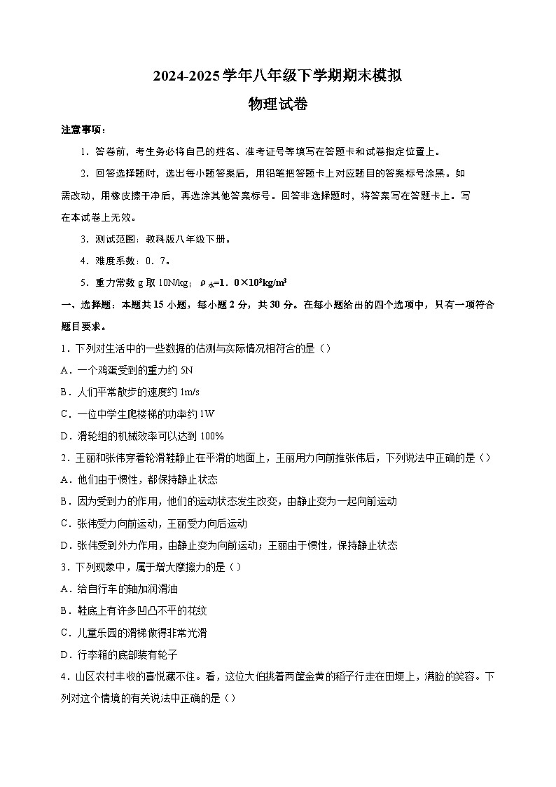 2024-2025学年八年级下学期物理期末模拟试卷（含答案）（教科版2024）第1页