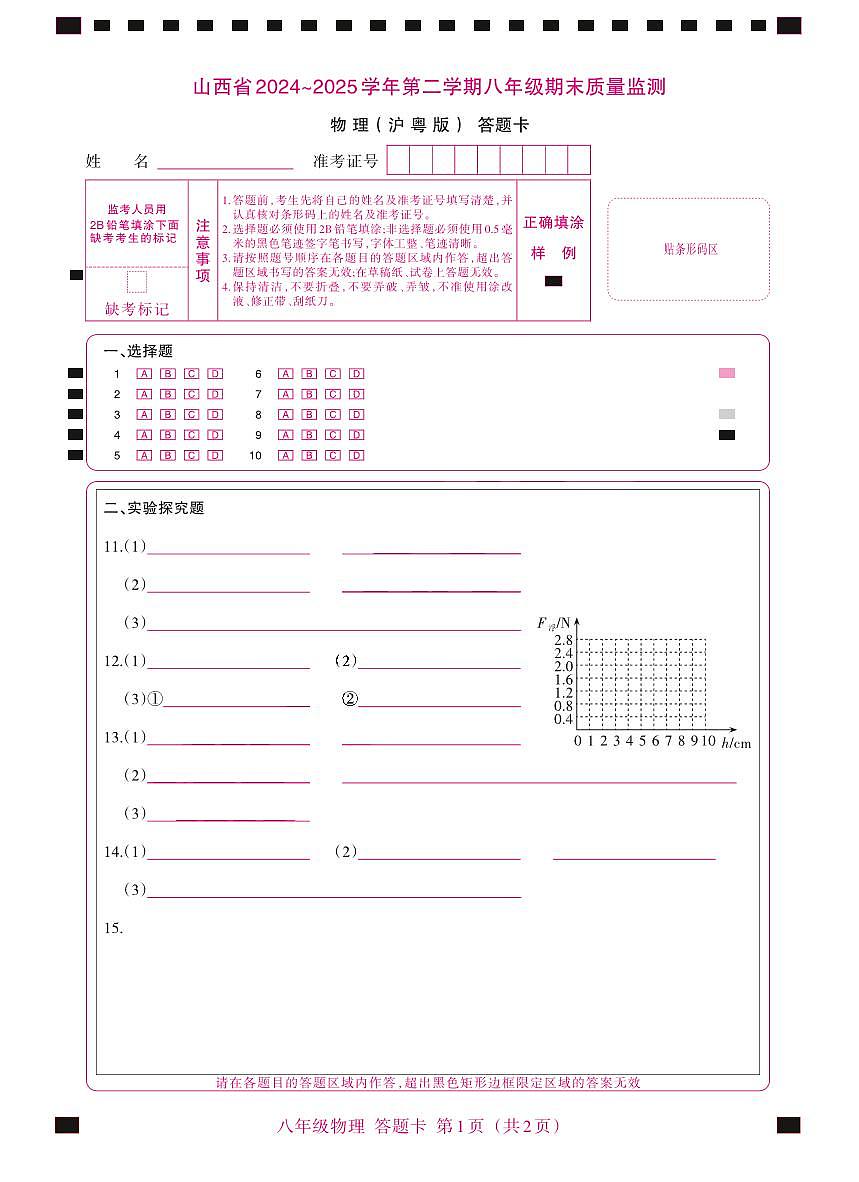 八年级期末卷·物理（沪粤版）答题卡第1页