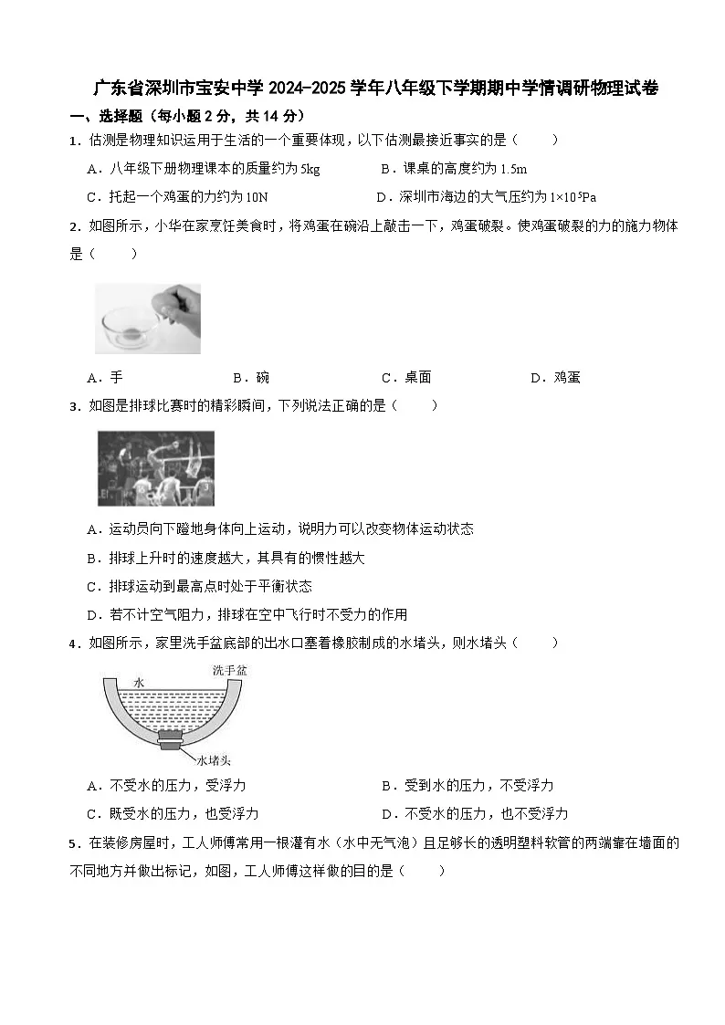 广东省深圳市宝安中学2024-2025学年八年级下学期期中学情调研物理试卷第1页