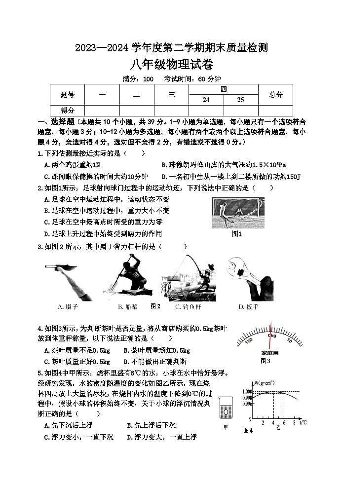 河北省秦皇岛市卢龙县2023-2024学年八年级下学期期末物理试题第1页