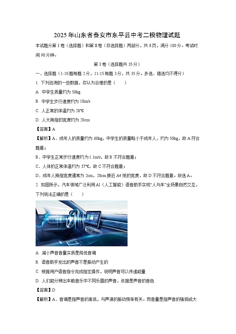 2025年山东省泰安市东平县中考二模物理试卷（解析版）第1页