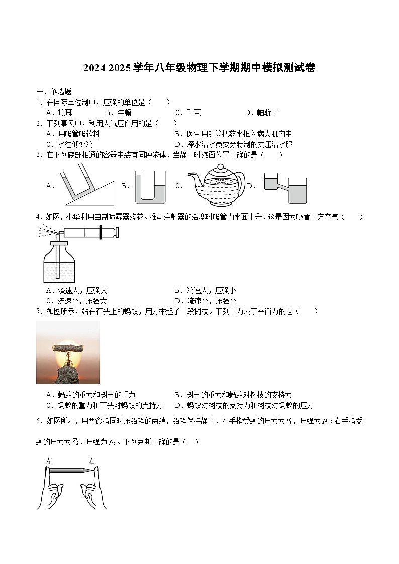沪科版2025年八年级下册物理  期中模拟测试卷01第1页