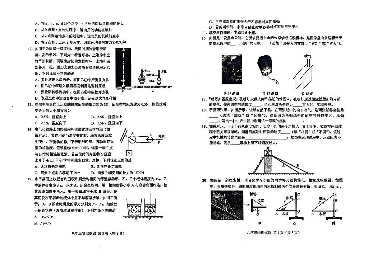 山东省泰安市肥城市2024-2025学年八年级下学期7月期末物理试题无答案第2页