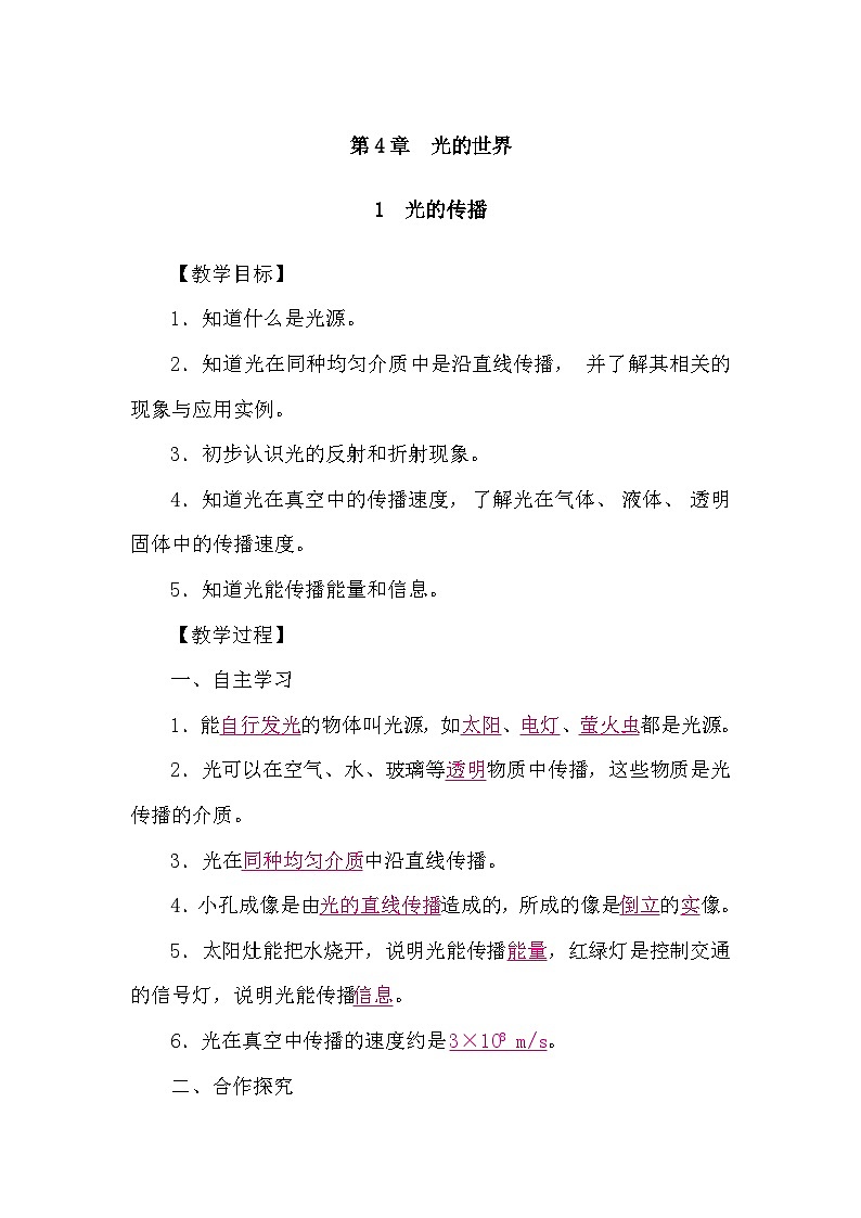 教科版（2024）物理八年级上册 4.1 光的传播（学案）第1页