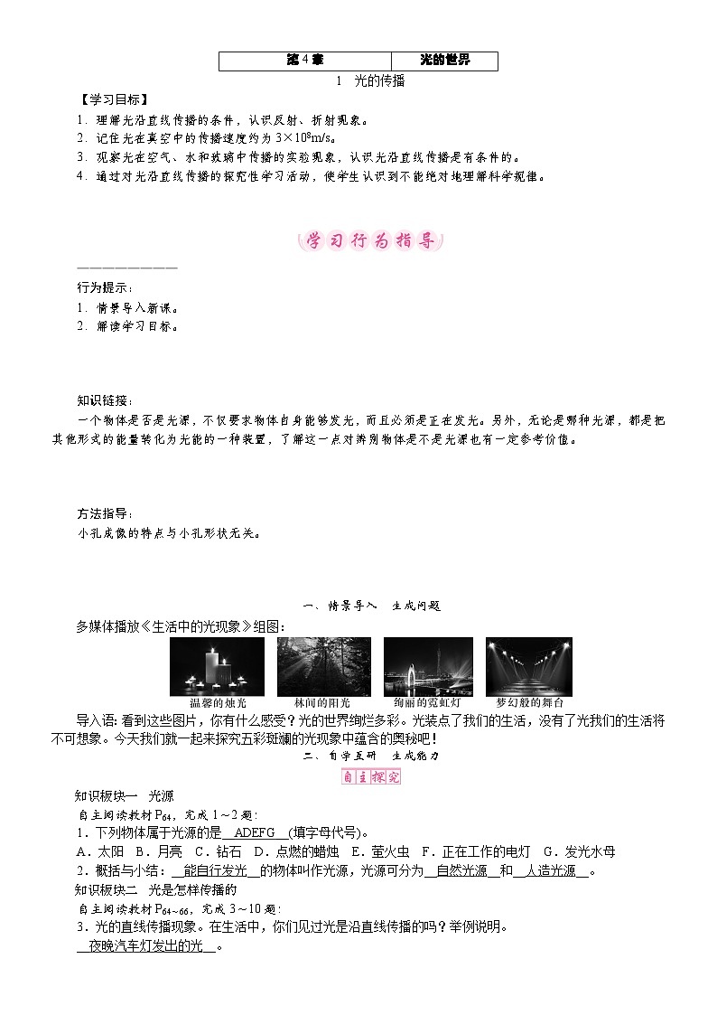 教科版（2024）物理八年级上册 4.1 光的传播（教案）第1页