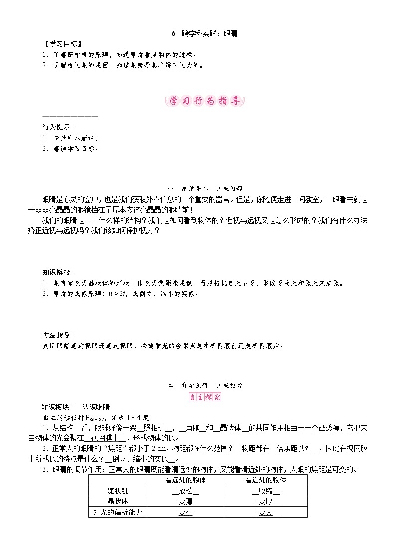 教科版（2024）物理八年级上册 4.6 跨学科实践：眼睛（教案）第1页