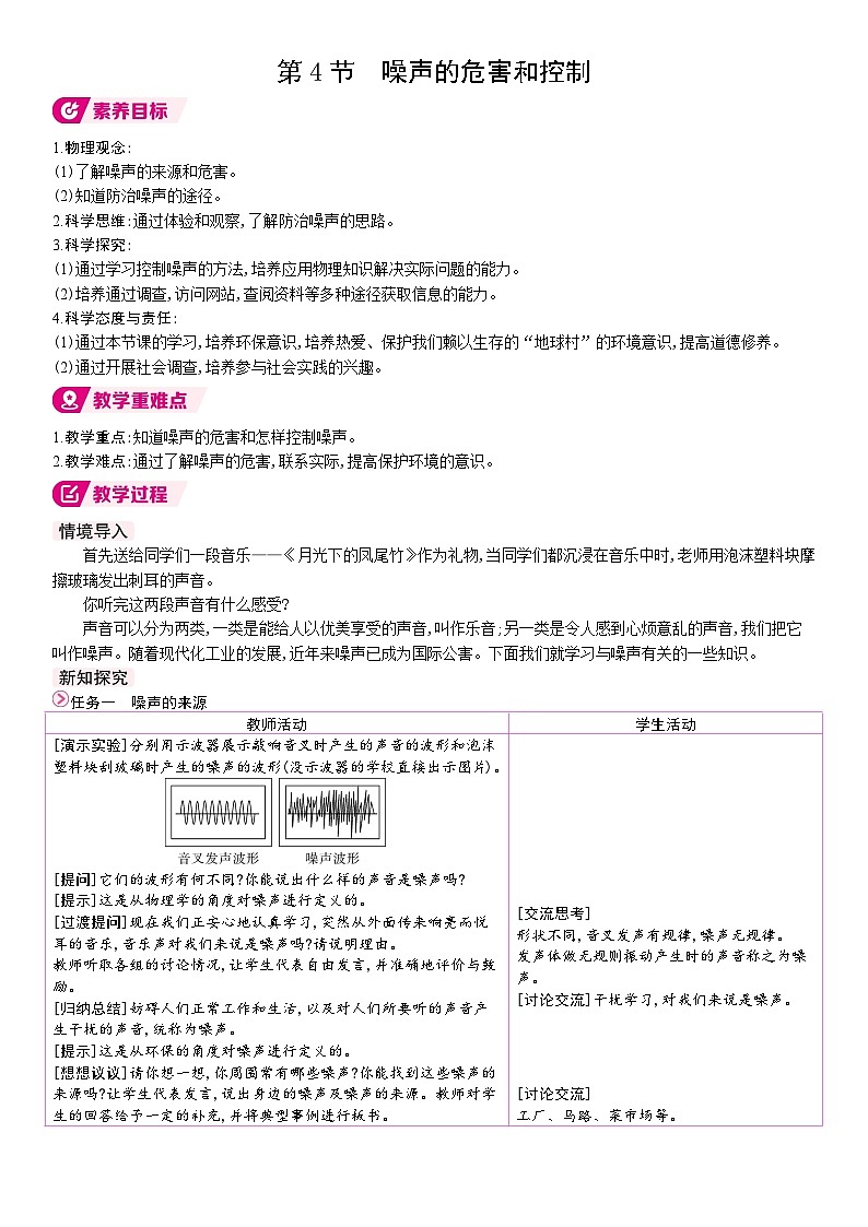 人教版（2024）物理八年级上册 2.4 噪声的危害和控制 （表格式教案）第1页