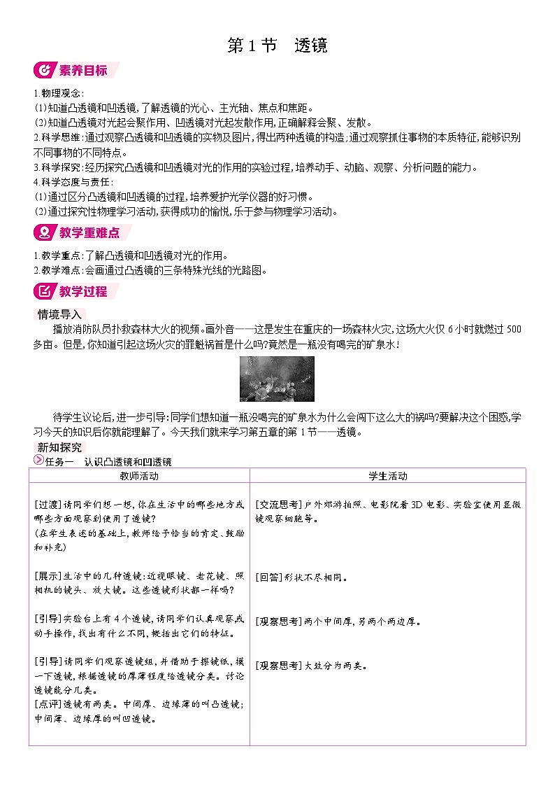 人教版（2024）物理八年级上册 5.1 透镜 （表格式教案）第1页