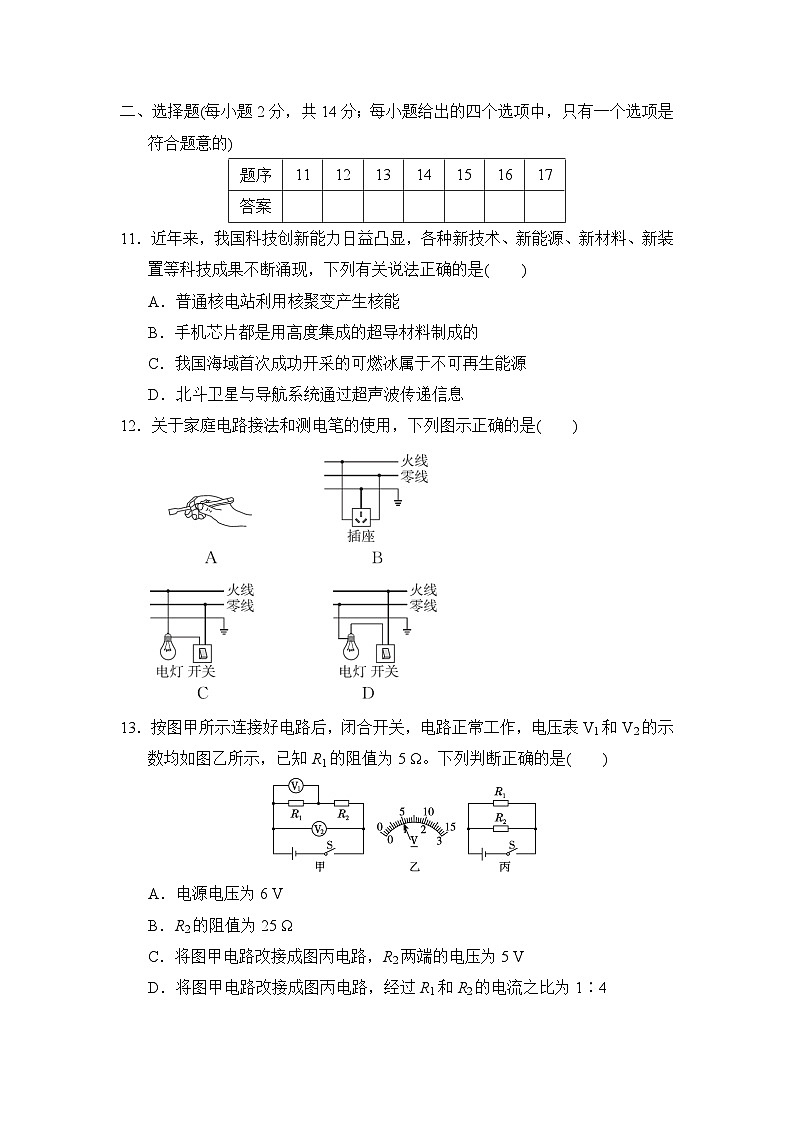 2025年春九年级物理  期末综合测试卷（沪粤安徽版）第3页