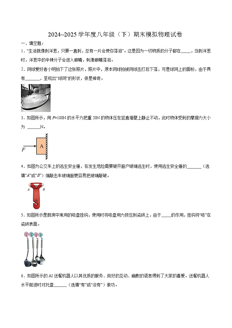 【8物（HK）期末模拟】合肥市第四十五中学芙蓉分校2024~2025学年八年级下学期期末模拟物理试卷第1页