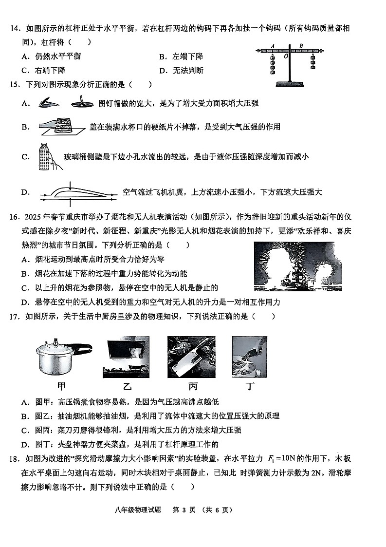 【8物（RJ）期末】安庆市2024-2025学年八年级下学期6月期末物理试卷第3页