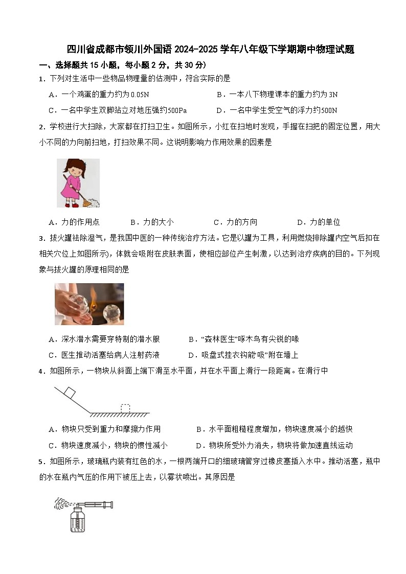 四川省成都市领川外国语2024-2025学年八年级下学期期中物理试题第1页