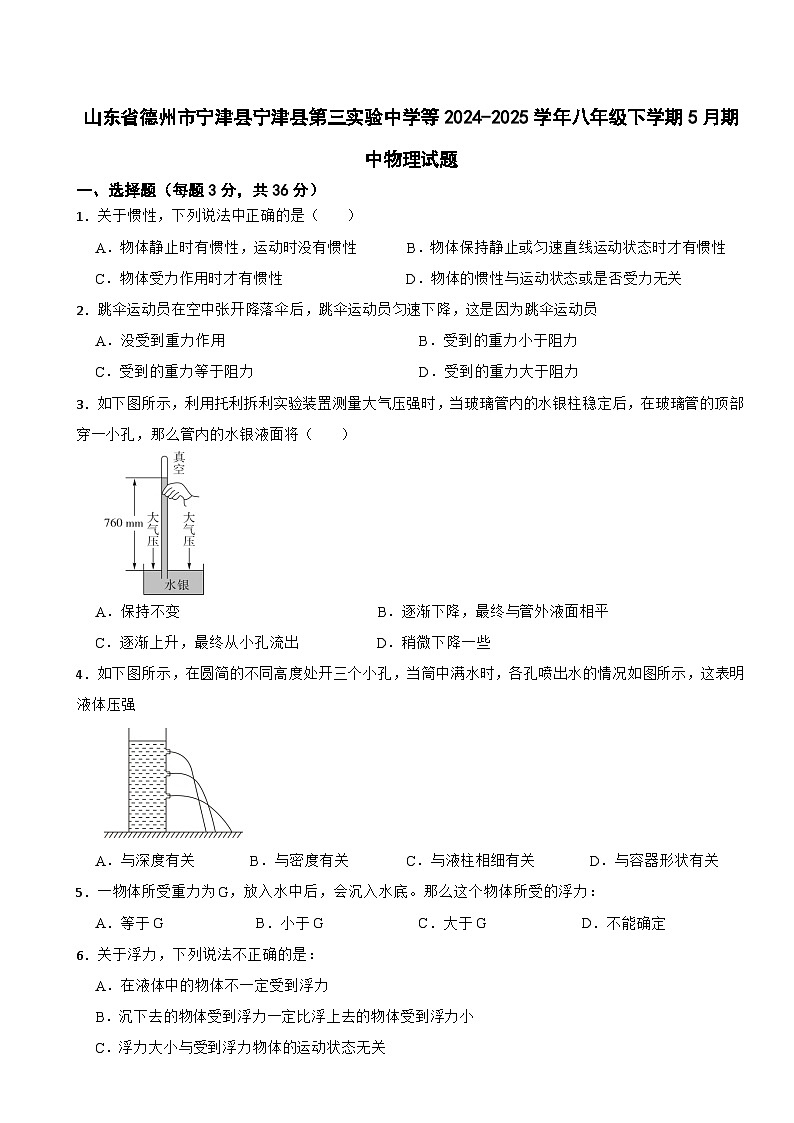 山东省德州市宁津县宁津县第三实验中学等2024-2025学年八年级下学期5月期中物理试题第1页