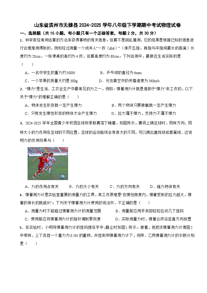 山东省滨州市无棣县2024-2025学年八年级下学期期中考试物理试卷第1页