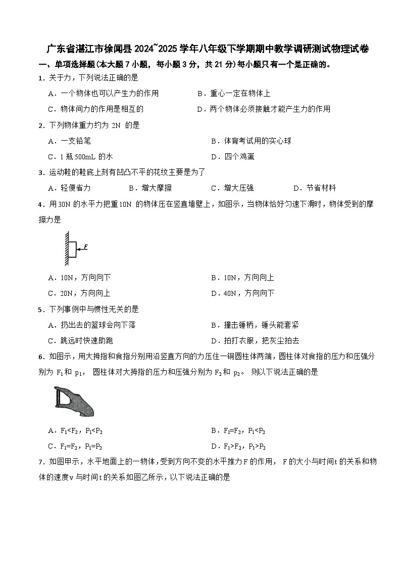 广东省湛江市徐闻县2024~2025学年八年级下学期期中教学调研测试物理试卷第1页