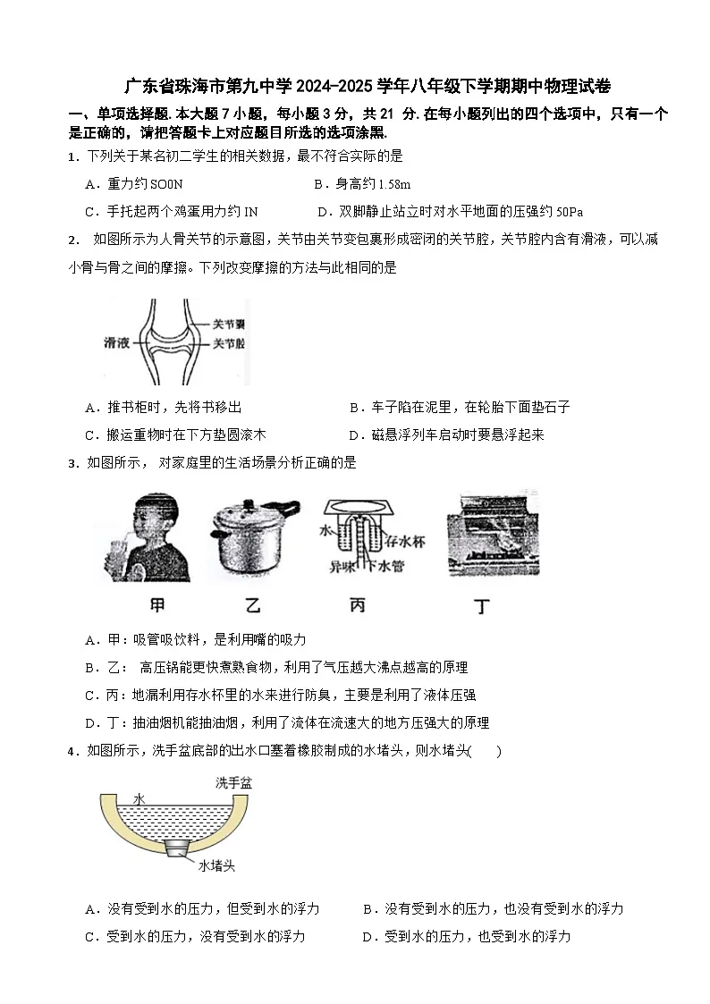 广东省珠海市第九中学2024-2025学年八年级下学期期中物理试卷第1页