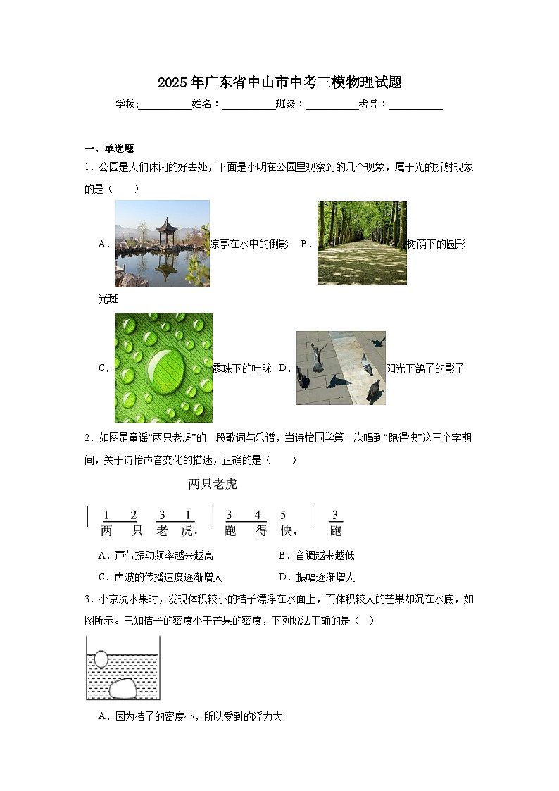 2025年广东省中山市中考三模物理试题（无答案）第1页