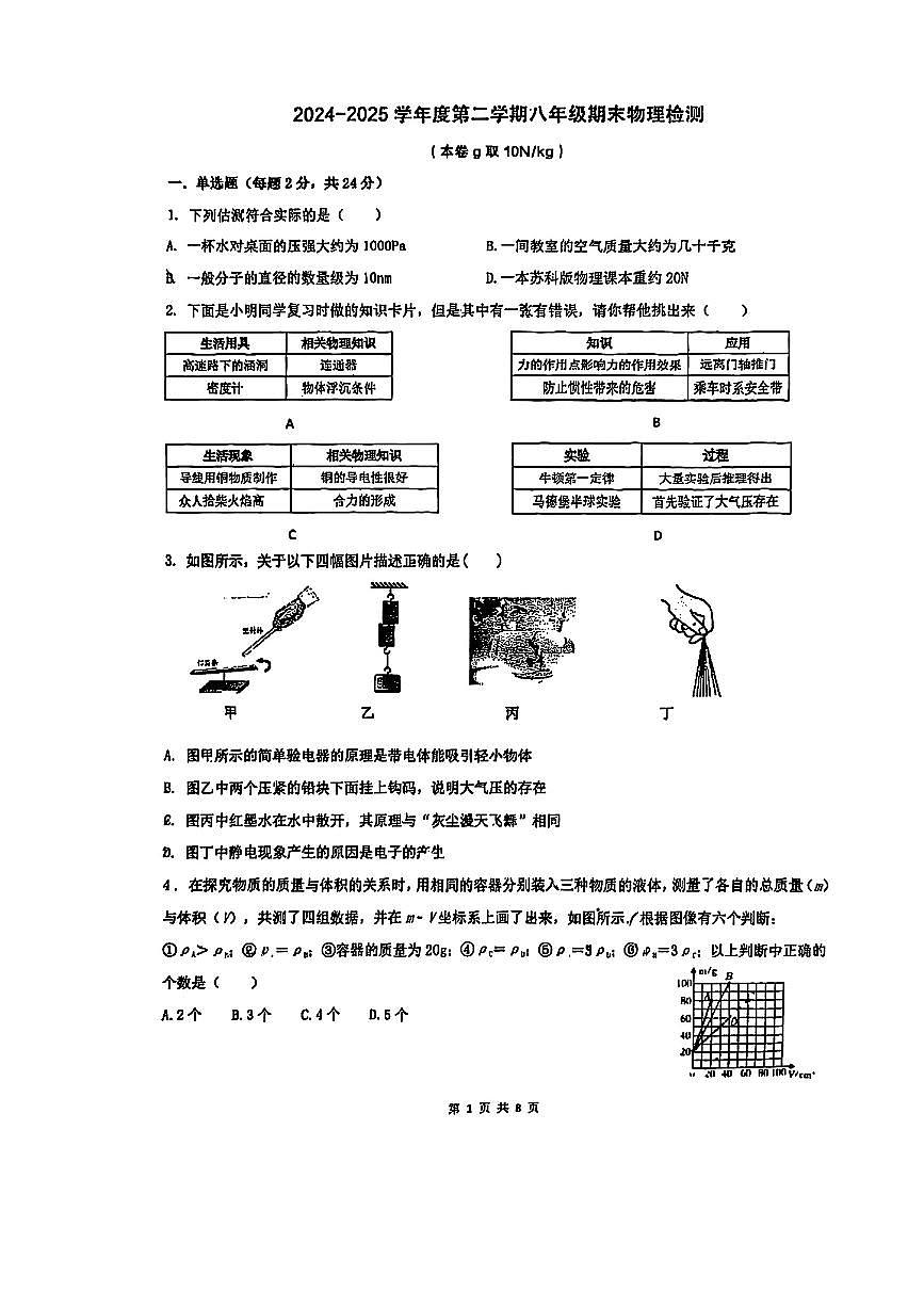 南京市秦淮区2024-2025八年级下学期物理期末试卷及答案第1页