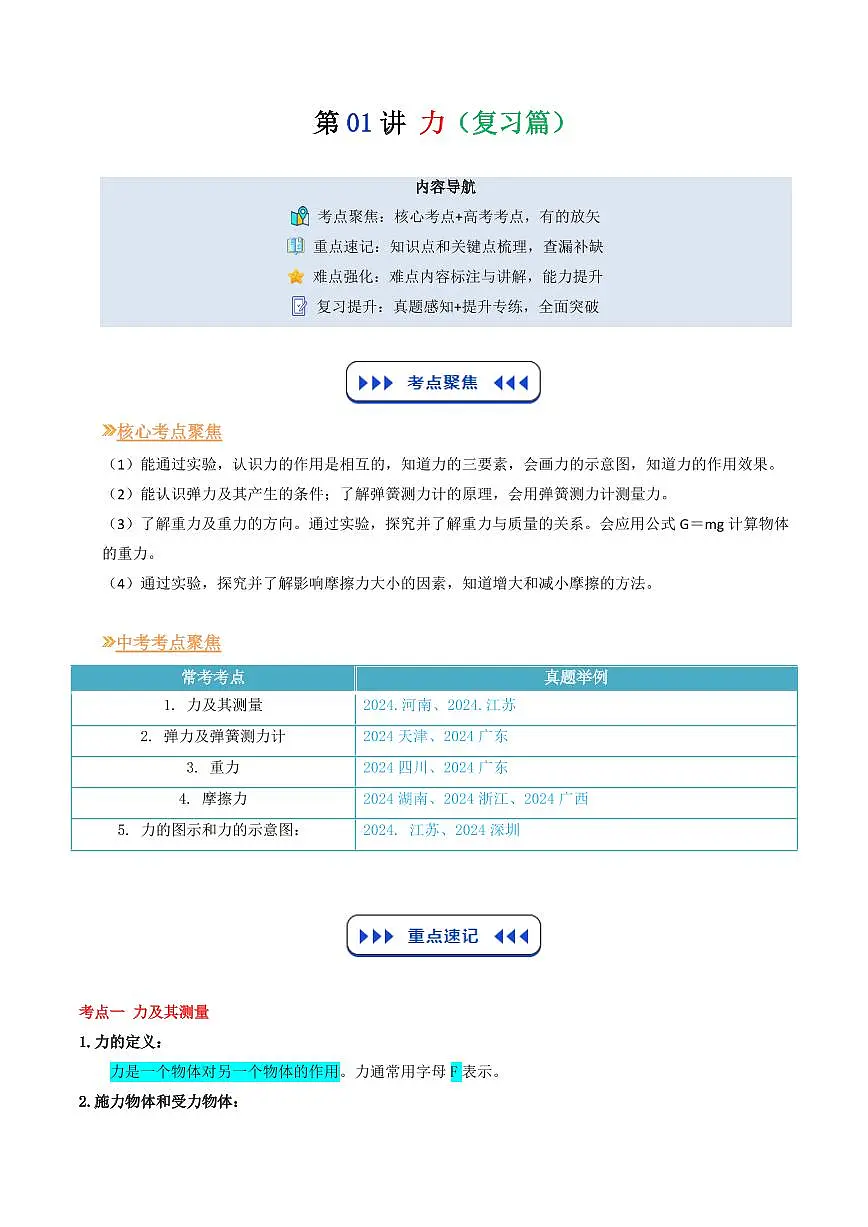 第01讲 力(复习篇)(原卷版)第1页
