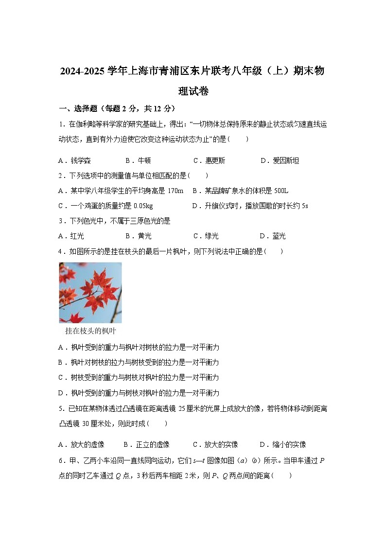 上海市青浦区东片联考2024_2025学年八年级上册期末考试物理试卷[有解析]第1页