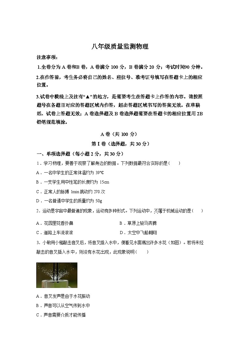 四川省成都市邛崃市2024_2025学年八年级上册期末检测物理试卷[有解析]第1页