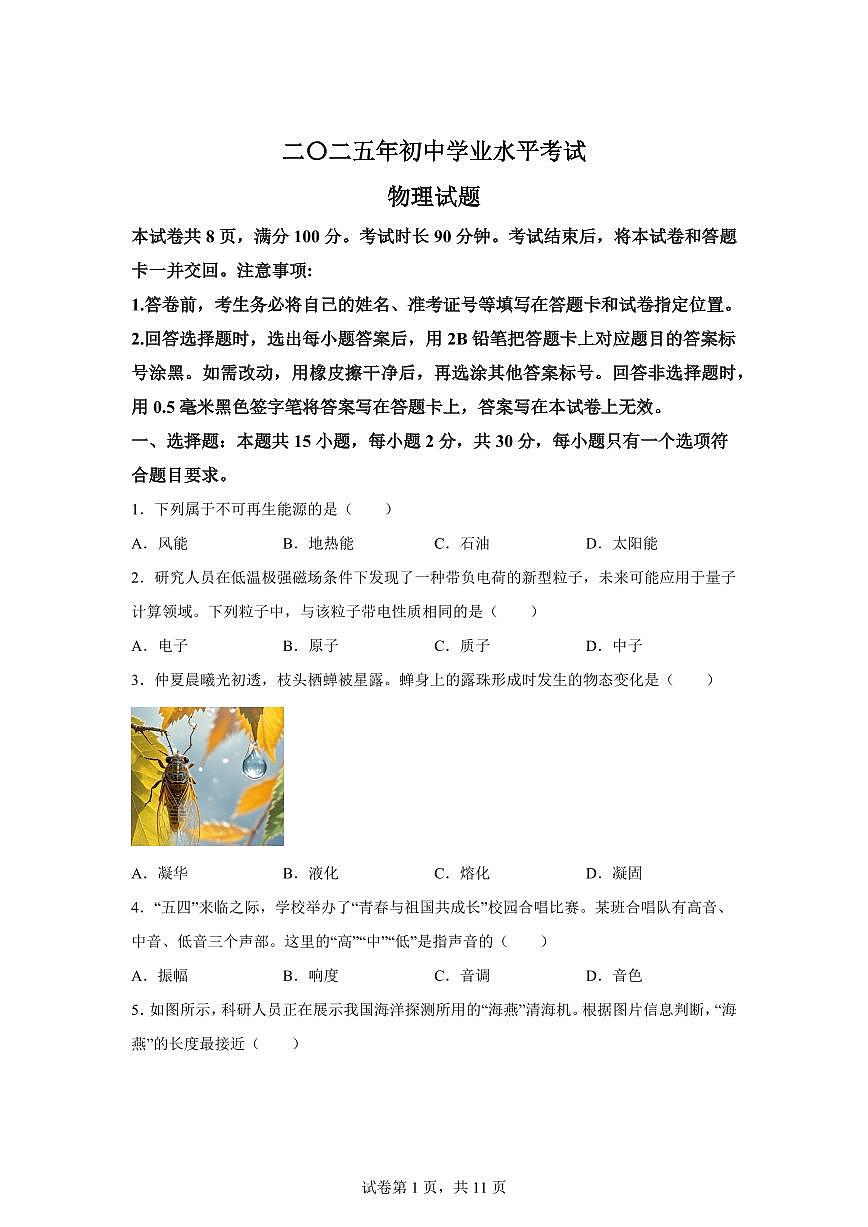 2025届山东省中考物理试卷[附解析]第1页