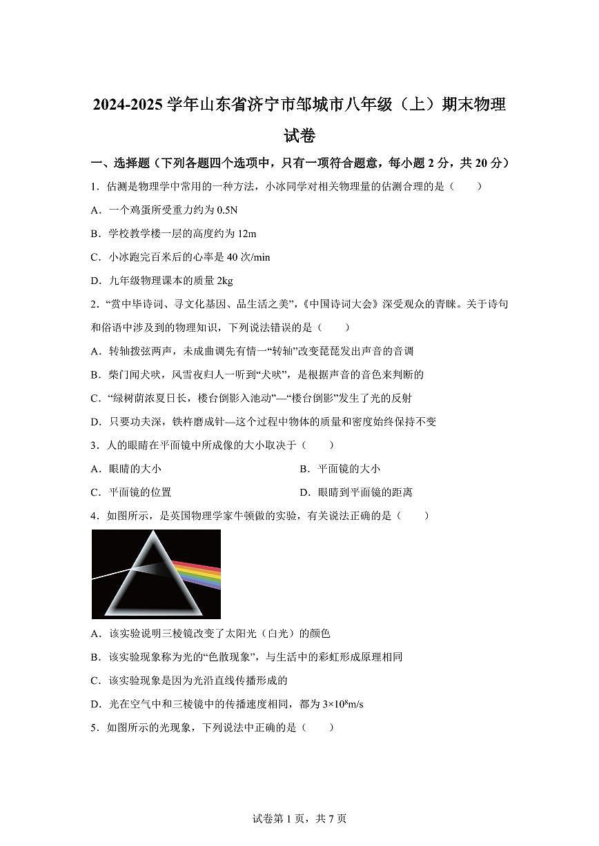 山东省济宁市邹城市2024~2025学年八年级上册期末物理试卷[附解析]第1页